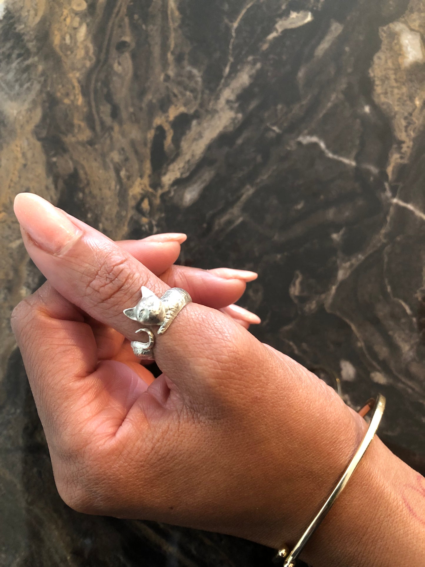 Ladies solid silver Cat ring