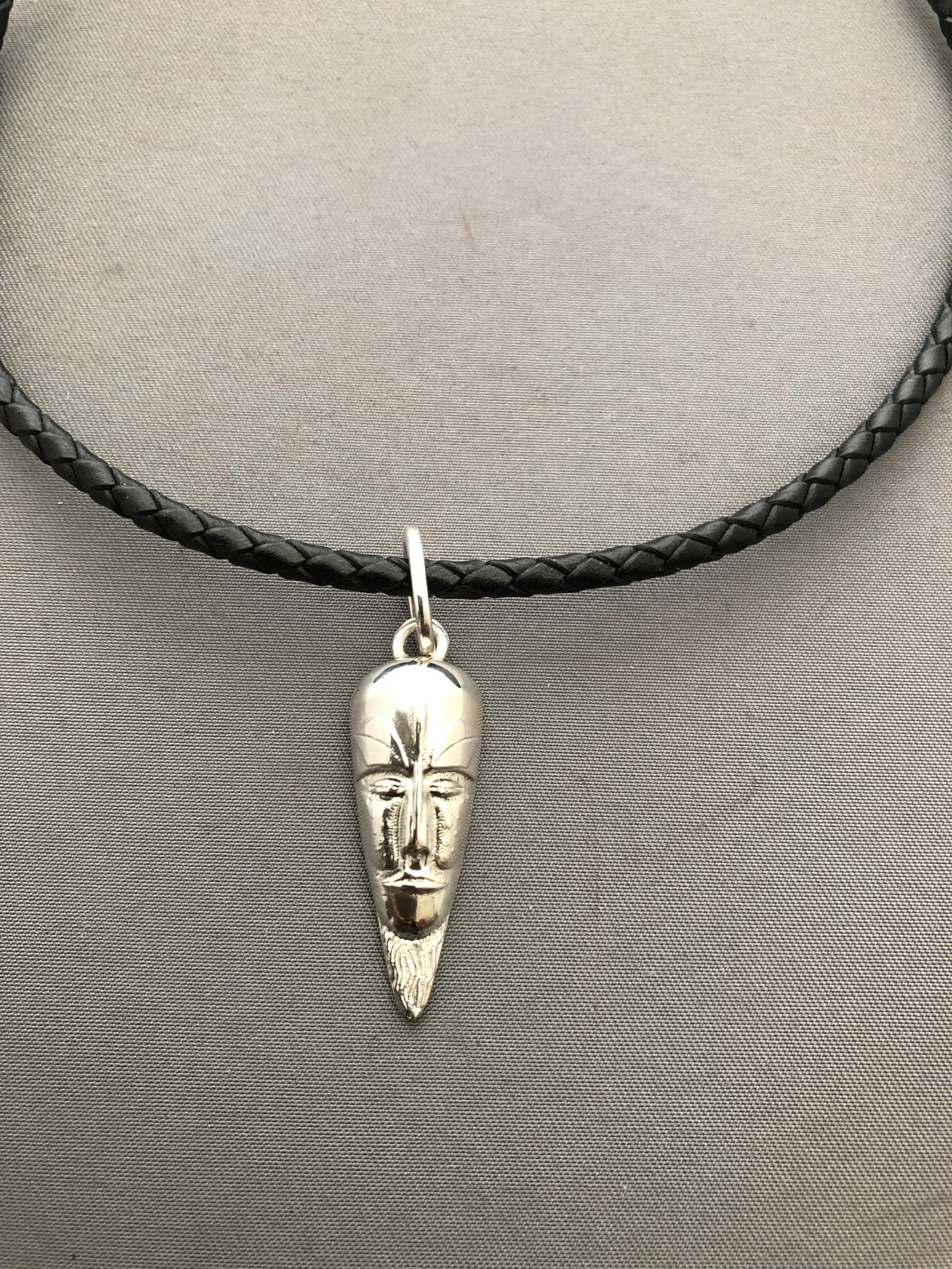Solid silver African mask & leather chain