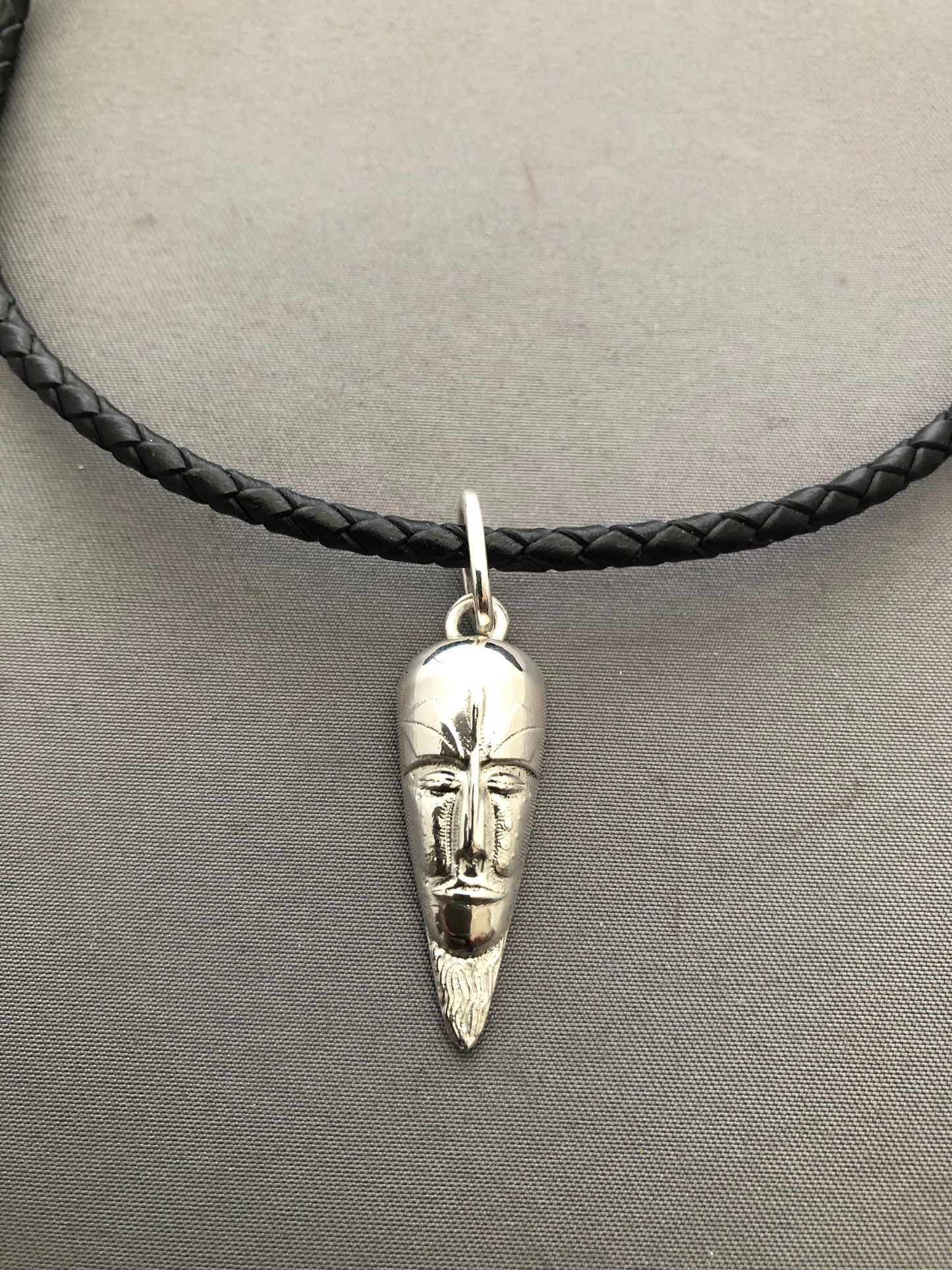 Solid silver African mask & leather chain