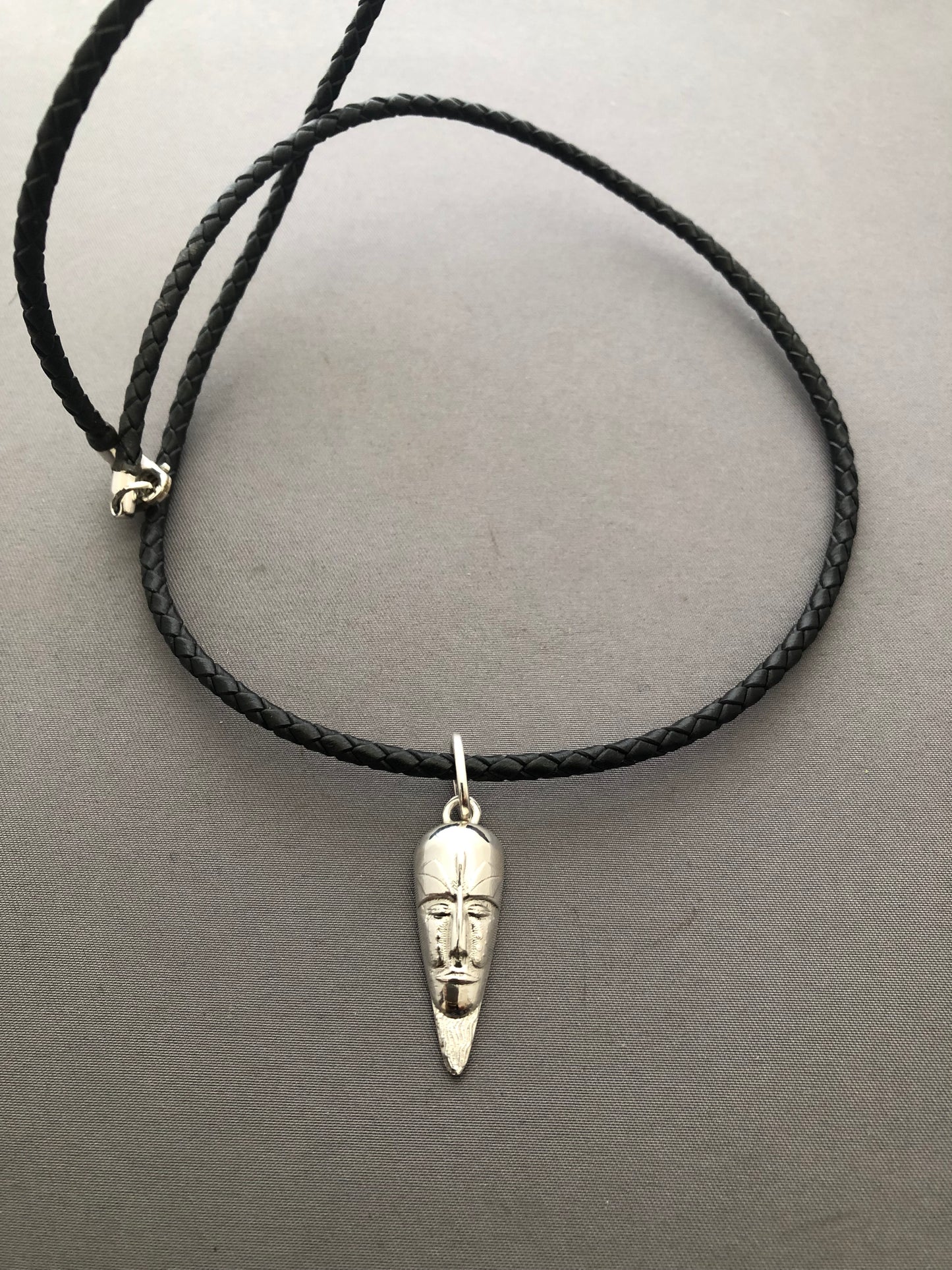 Solid silver African mask & leather chain