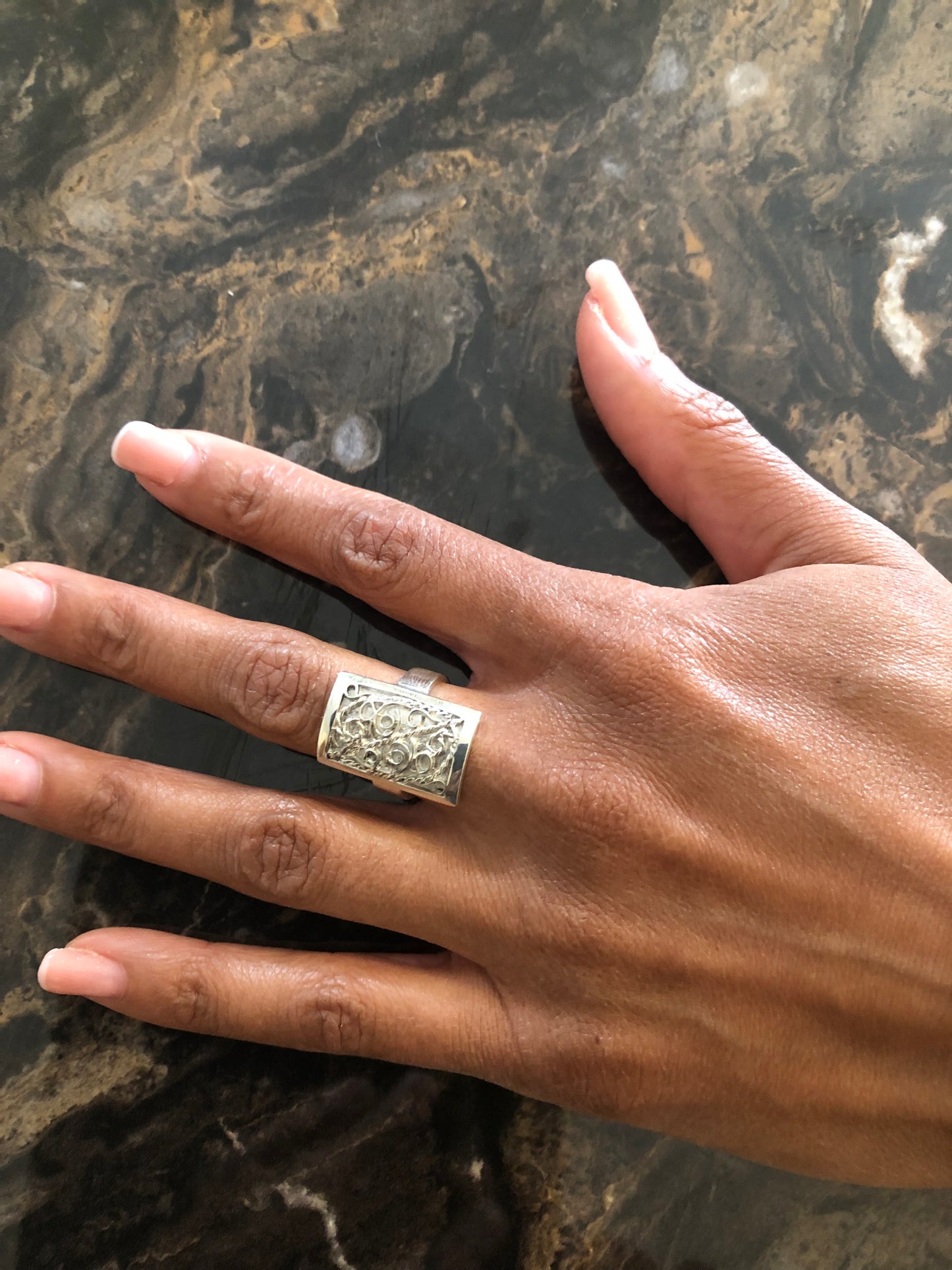 Ladies filigree square solid silver ring
